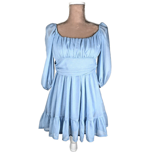 Lucy in the Sky Neia Mini Dress Blue Shimmer Chiffon Ruffle Sz S Coquette Lover - Picture 1 of 10